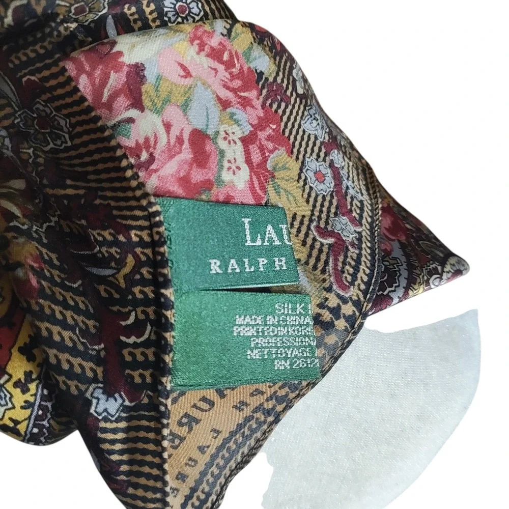 Lauren Ralph Lauren‎ 100% Silk Scarf Floral Paisley Brown Gold Rectangle Preppy